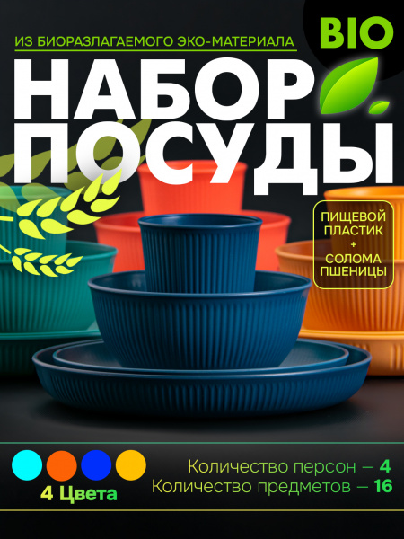 Набор посуды АЛИ ЧАЙНА, 4 шт. супница, тарелка*2, стакан (4 цвета)