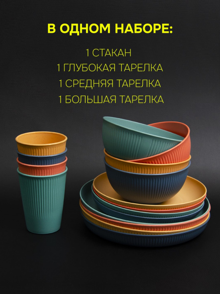 Набор посуды АЛИ ЧАЙНА, 4 шт. супница, тарелка*2, стакан (4 цвета)