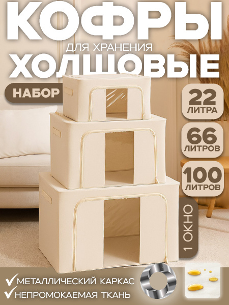 Набор Кофров АЛИ ЧАЙНА, Хлопок, 3 размера (Бежевый, 22-66-100 л.)
