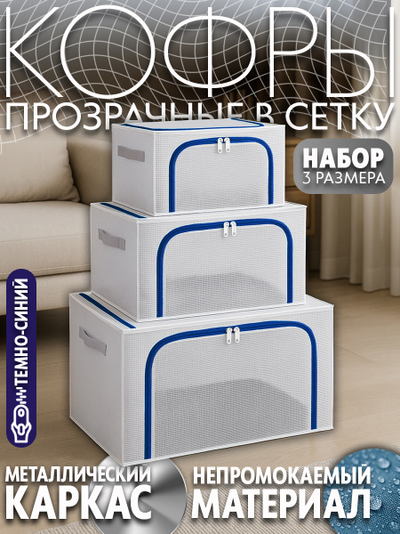 Набор Кофров АЛИ ЧАЙНА, ПВХ-сетка, 3 размера (Темно-синий, 22-66-110 л.)